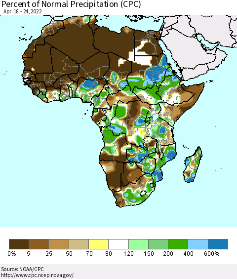 Africa Percent of Normal Precipitation (CPC) Thematic Map For 4/18/2022 - 4/24/2022