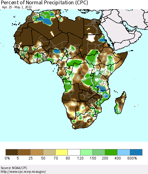 Africa Percent of Normal Precipitation (CPC) Thematic Map For 4/25/2022 - 5/1/2022