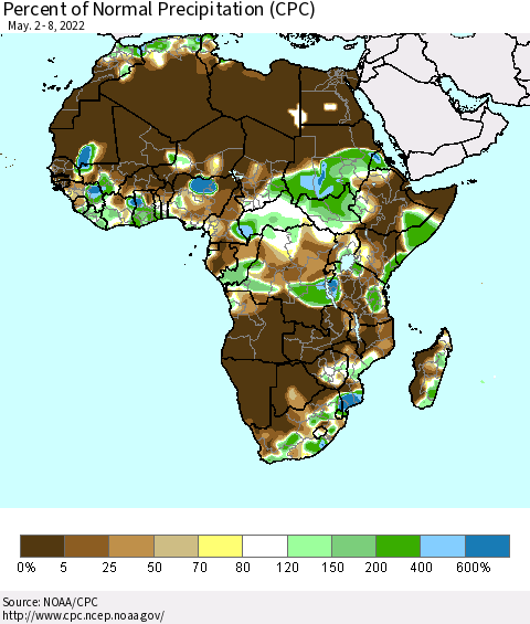 Africa Percent of Normal Precipitation (CPC) Thematic Map For 5/2/2022 - 5/8/2022