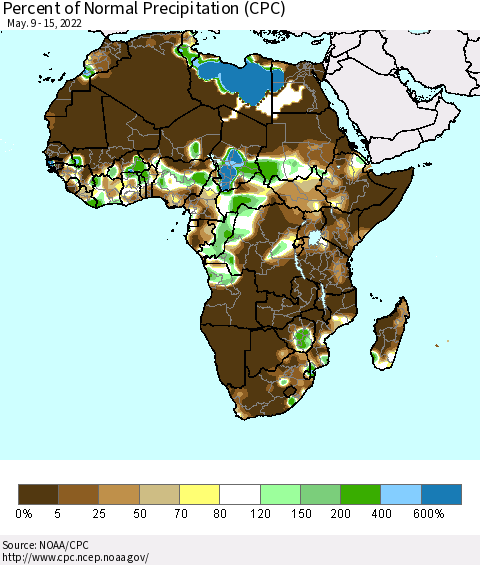 Africa Percent of Normal Precipitation (CPC) Thematic Map For 5/9/2022 - 5/15/2022