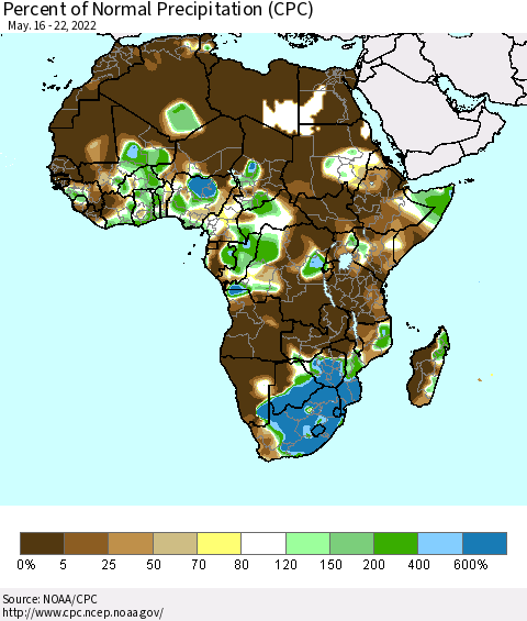 Africa Percent of Normal Precipitation (CPC) Thematic Map For 5/16/2022 - 5/22/2022