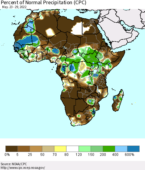 Africa Percent of Normal Precipitation (CPC) Thematic Map For 5/23/2022 - 5/29/2022