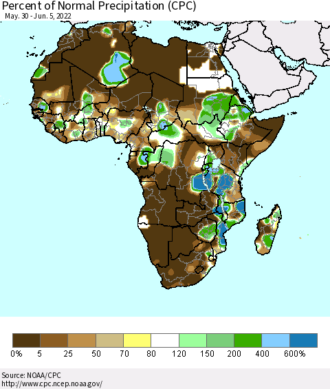 Africa Percent of Normal Precipitation (CPC) Thematic Map For 5/30/2022 - 6/5/2022