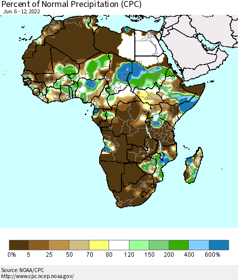 Africa Percent of Normal Precipitation (CPC) Thematic Map For 6/6/2022 - 6/12/2022