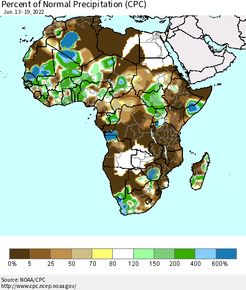 Africa Percent of Normal Precipitation (CPC) Thematic Map For 6/13/2022 - 6/19/2022