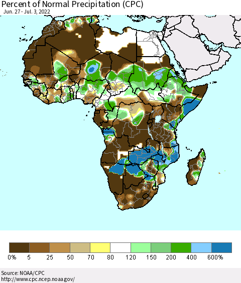 Africa Percent of Normal Precipitation (CPC) Thematic Map For 6/27/2022 - 7/3/2022