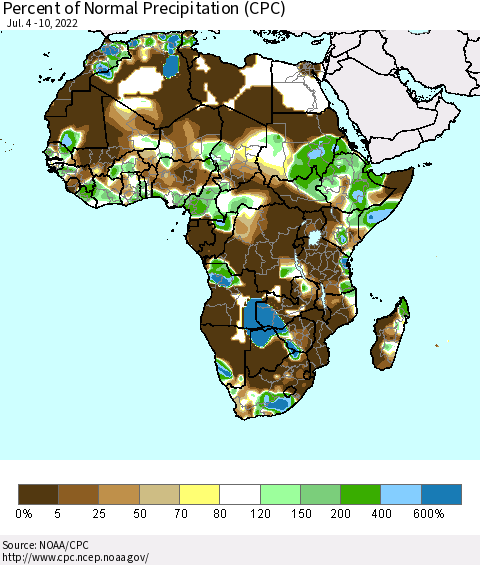 Africa Percent of Normal Precipitation (CPC) Thematic Map For 7/4/2022 - 7/10/2022
