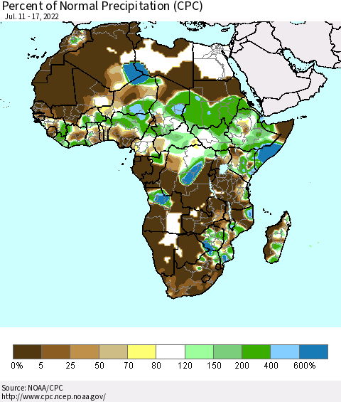 Africa Percent of Normal Precipitation (CPC) Thematic Map For 7/11/2022 - 7/17/2022