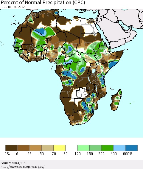 Africa Percent of Normal Precipitation (CPC) Thematic Map For 7/18/2022 - 7/24/2022