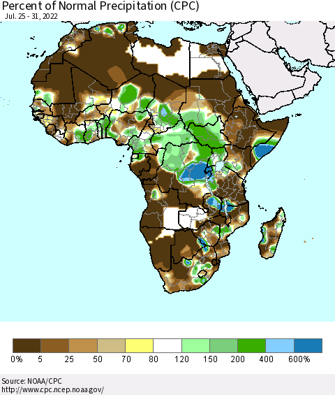 Africa Percent of Normal Precipitation (CPC) Thematic Map For 7/25/2022 - 7/31/2022