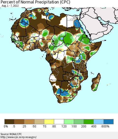 Africa Percent of Normal Precipitation (CPC) Thematic Map For 8/1/2022 - 8/7/2022