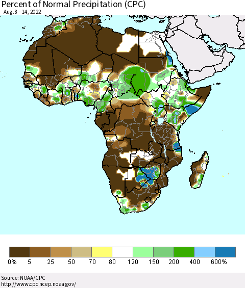 Africa Percent of Normal Precipitation (CPC) Thematic Map For 8/8/2022 - 8/14/2022