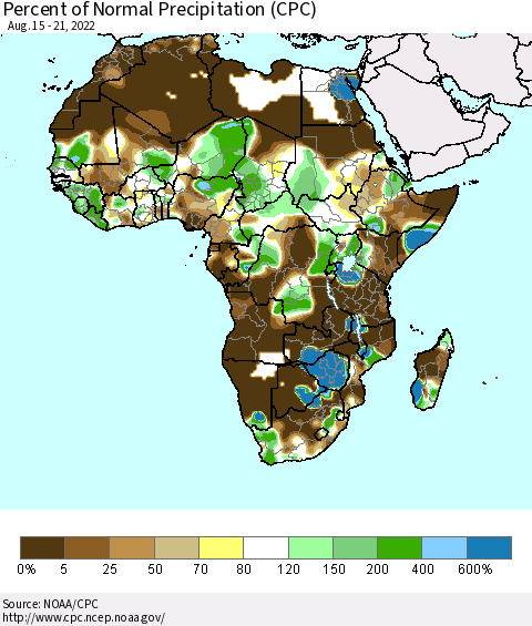 Africa Percent of Normal Precipitation (CPC) Thematic Map For 8/15/2022 - 8/21/2022