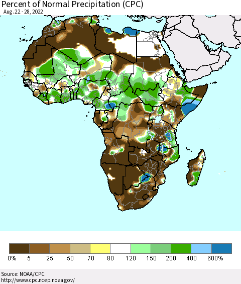Africa Percent of Normal Precipitation (CPC) Thematic Map For 8/22/2022 - 8/28/2022