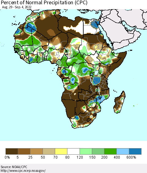 Africa Percent of Normal Precipitation (CPC) Thematic Map For 8/29/2022 - 9/4/2022