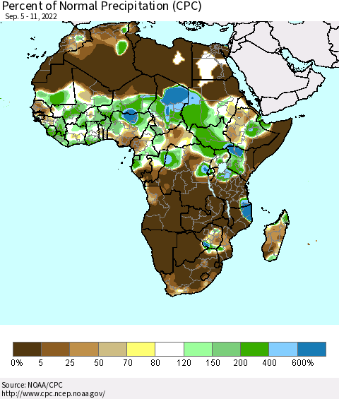 Africa Percent of Normal Precipitation (CPC) Thematic Map For 9/5/2022 - 9/11/2022