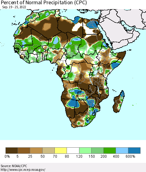 Africa Percent of Normal Precipitation (CPC) Thematic Map For 9/19/2022 - 9/25/2022