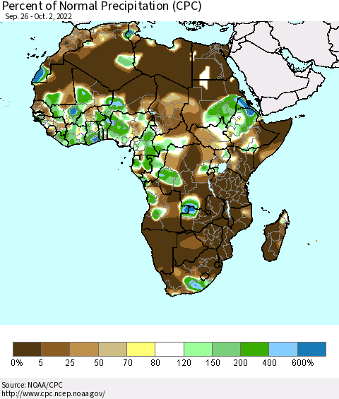 Africa Percent of Normal Precipitation (CPC) Thematic Map For 9/26/2022 - 10/2/2022