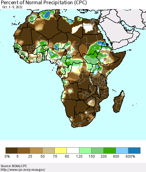 Africa Percent of Normal Precipitation (CPC) Thematic Map For 10/3/2022 - 10/9/2022