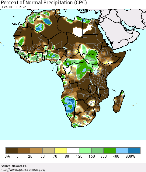 Africa Percent of Normal Precipitation (CPC) Thematic Map For 10/10/2022 - 10/16/2022