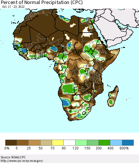 Africa Percent of Normal Precipitation (CPC) Thematic Map For 10/17/2022 - 10/23/2022