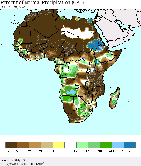 Africa Percent of Normal Precipitation (CPC) Thematic Map For 10/24/2022 - 10/30/2022