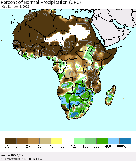 Africa Percent of Normal Precipitation (CPC) Thematic Map For 10/31/2022 - 11/6/2022