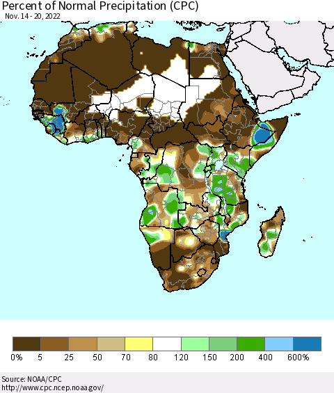 Africa Percent of Normal Precipitation (CPC) Thematic Map For 11/14/2022 - 11/20/2022