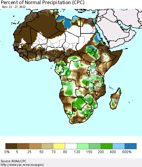 Africa Percent of Normal Precipitation (CPC) Thematic Map For 11/21/2022 - 11/27/2022
