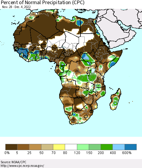 Africa Percent of Normal Precipitation (CPC) Thematic Map For 11/28/2022 - 12/4/2022