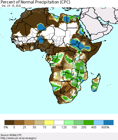 Africa Percent of Normal Precipitation (CPC) Thematic Map For 12/19/2022 - 12/25/2022