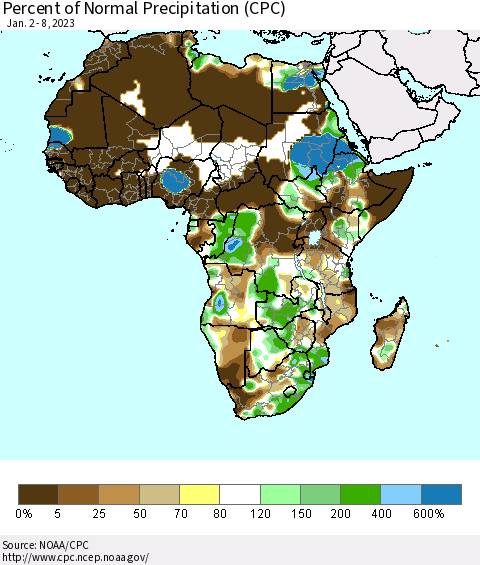 Africa Percent of Normal Precipitation (CPC) Thematic Map For 1/2/2023 - 1/8/2023