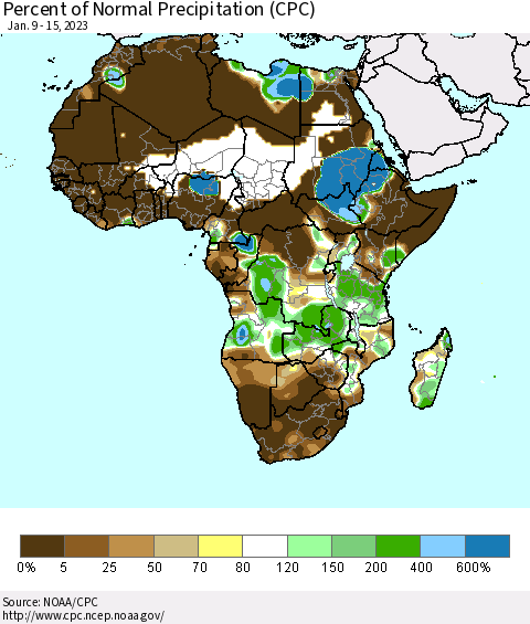 Africa Percent of Normal Precipitation (CPC) Thematic Map For 1/9/2023 - 1/15/2023