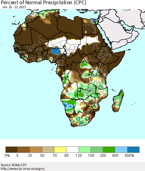 Africa Percent of Normal Precipitation (CPC) Thematic Map For 1/16/2023 - 1/22/2023