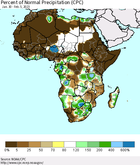 Africa Percent of Normal Precipitation (CPC) Thematic Map For 1/30/2023 - 2/5/2023