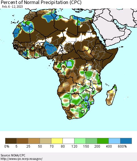 Africa Percent of Normal Precipitation (CPC) Thematic Map For 2/6/2023 - 2/12/2023