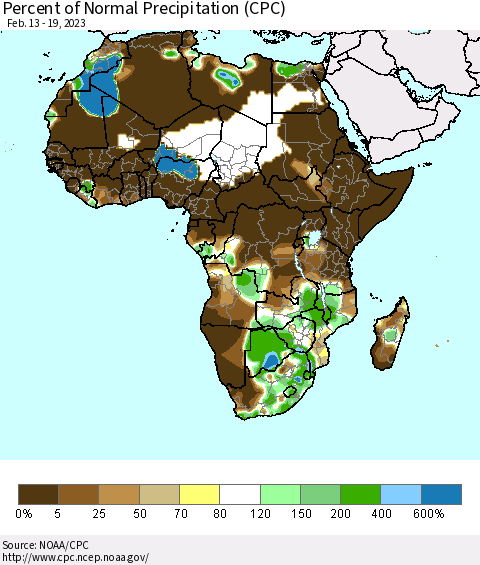 Africa Percent of Normal Precipitation (CPC) Thematic Map For 2/13/2023 - 2/19/2023
