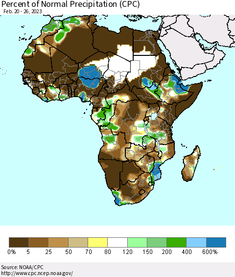 Africa Percent of Normal Precipitation (CPC) Thematic Map For 2/20/2023 - 2/26/2023