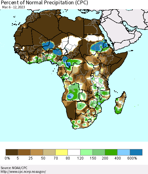 Africa Percent of Normal Precipitation (CPC) Thematic Map For 3/6/2023 - 3/12/2023