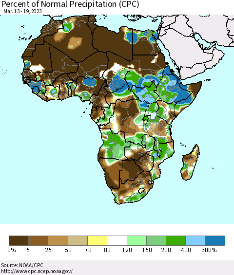 Africa Percent of Normal Precipitation (CPC) Thematic Map For 3/13/2023 - 3/19/2023