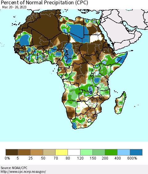 Africa Percent of Normal Precipitation (CPC) Thematic Map For 3/20/2023 - 3/26/2023