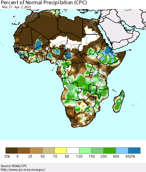 Africa Percent of Normal Precipitation (CPC) Thematic Map For 3/27/2023 - 4/2/2023