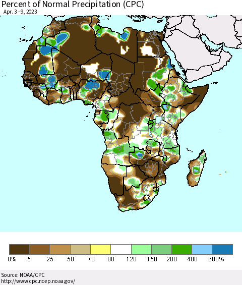Africa Percent of Normal Precipitation (CPC) Thematic Map For 4/3/2023 - 4/9/2023