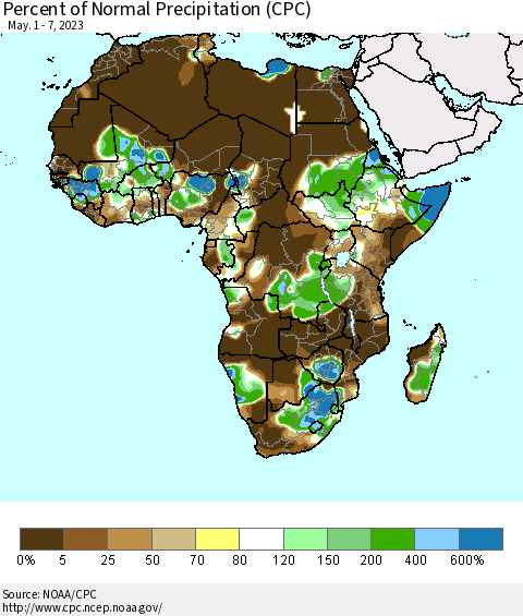 Africa Percent of Normal Precipitation (CPC) Thematic Map For 5/1/2023 - 5/7/2023