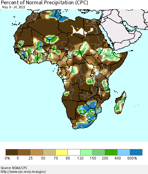 Africa Percent of Normal Precipitation (CPC) Thematic Map For 5/8/2023 - 5/14/2023