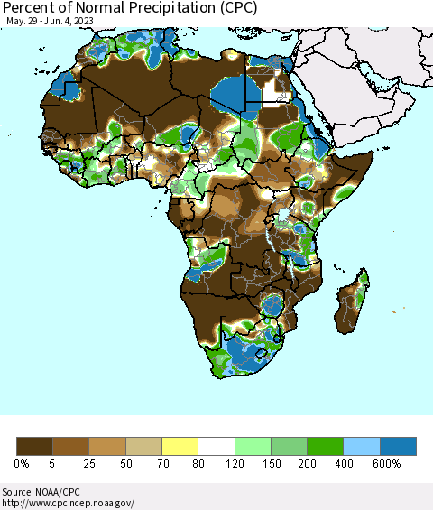 Africa Percent of Normal Precipitation (CPC) Thematic Map For 5/29/2023 - 6/4/2023