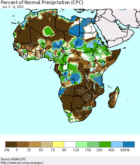 Africa Percent of Normal Precipitation (CPC) Thematic Map For 6/5/2023 - 6/11/2023