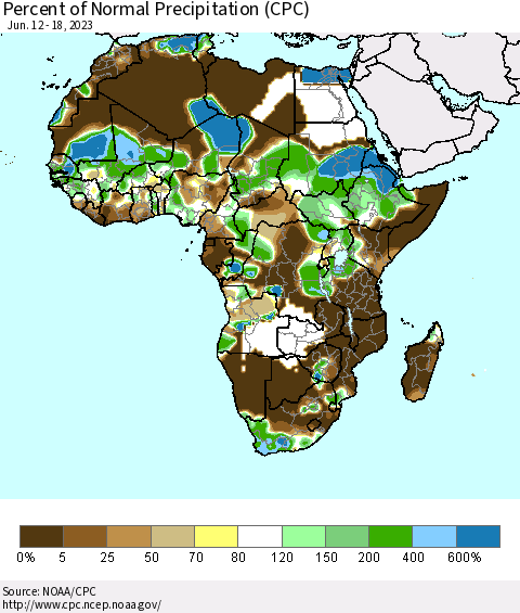 Africa Percent of Normal Precipitation (CPC) Thematic Map For 6/12/2023 - 6/18/2023