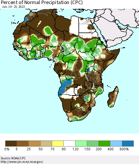 Africa Percent of Normal Precipitation (CPC) Thematic Map For 6/19/2023 - 6/25/2023