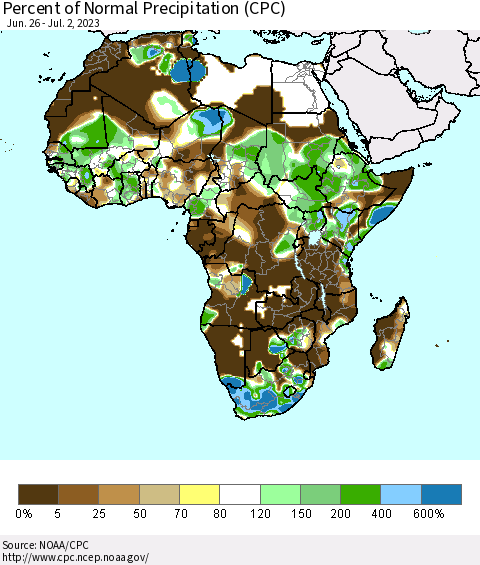 Africa Percent of Normal Precipitation (CPC) Thematic Map For 6/26/2023 - 7/2/2023